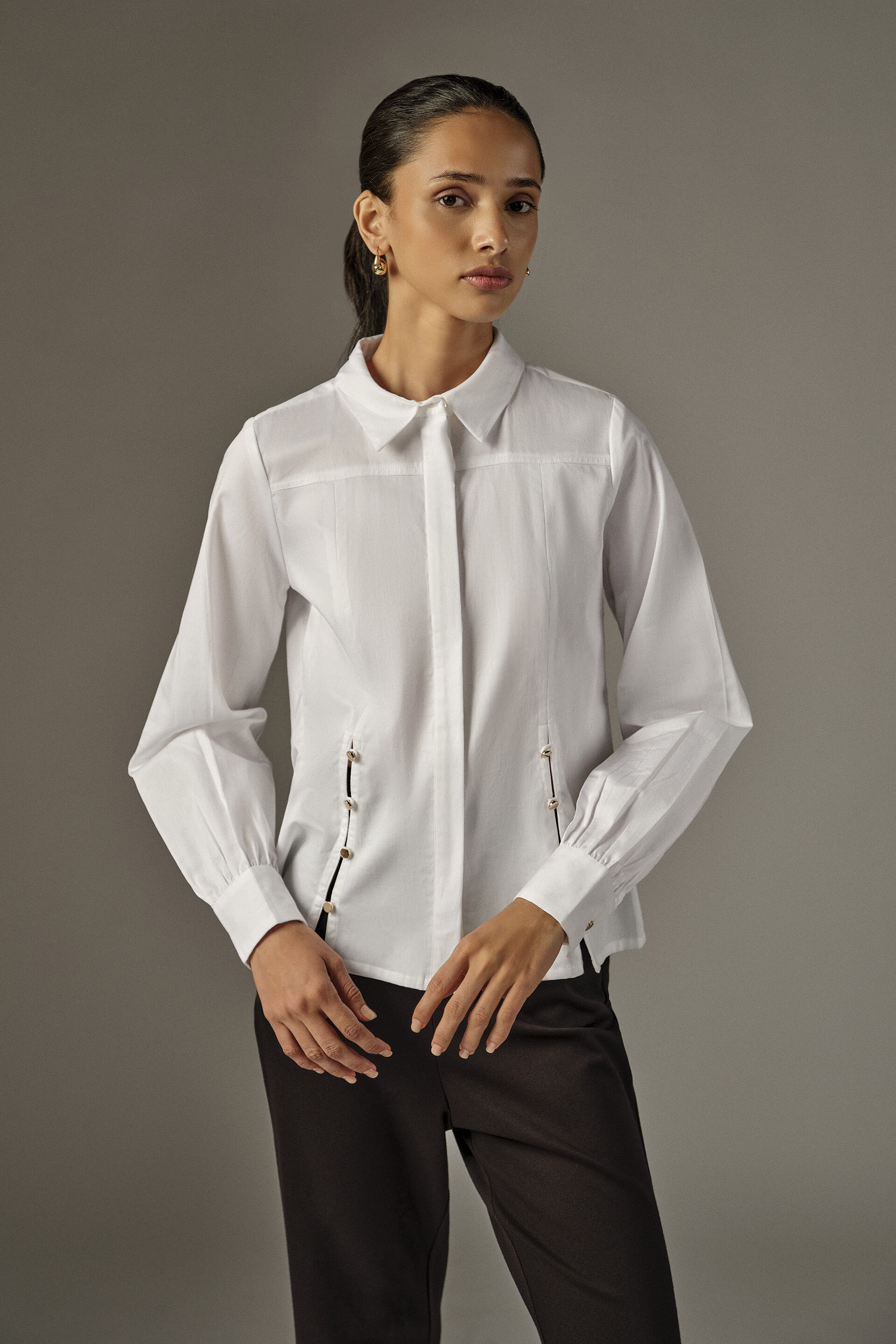 Button-Detail Cotton Shirt, White, image 2